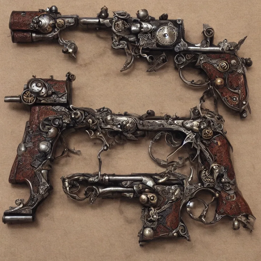 Image similar to a gun very cool, steampunk style,, highly detailed, photorealistic