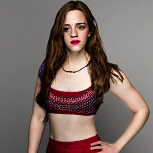 Image similar to a woman who is a genetic combination of emma watson and kat dennings face and upper - body focus