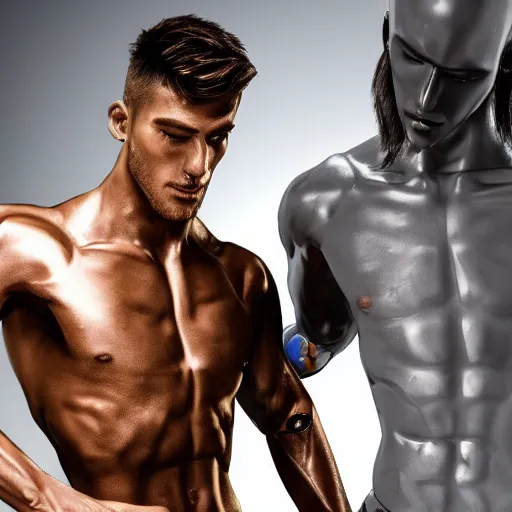 Image similar to a realistic detailed photo of a guy who is an attractive humanoid who is half robot and half humanoid, who is a male android, attractive and handsome soccer players, shiny skin, posing like a statue, blank stare, in a factory, on display, showing off his muscles, gold soccer shorts, side view, looking at each other mindlessly