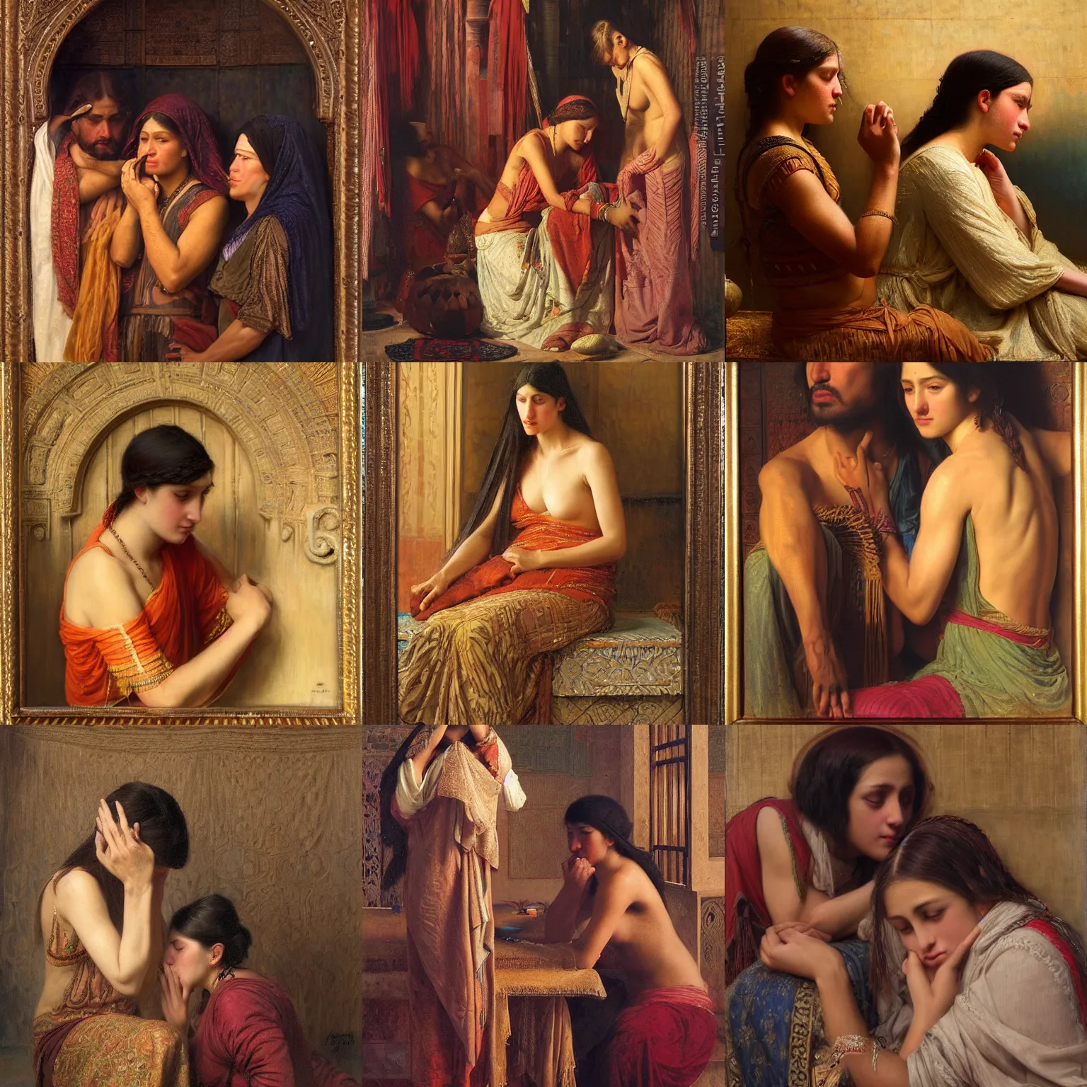 Prompt: orientalism crying sad inconsolable weeping by Edwin Longsden Long and Theodore Ralli and Nasreddine Dinet and Adam Styka, masterful intricate art. Oil on canvas, excellent lighting, high detail 8k