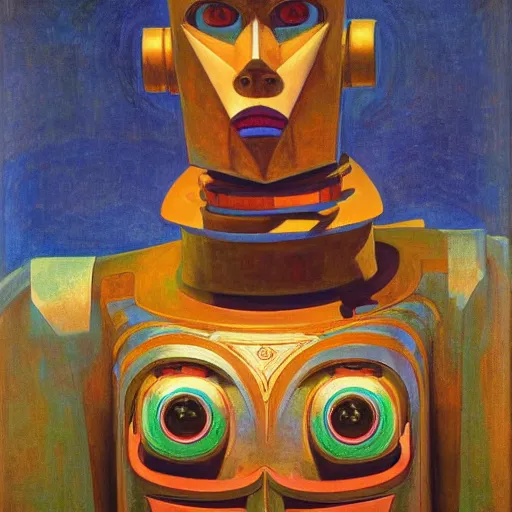 Image similar to the robot wearing her human mask, by prudence heward and donato giancola and nicholas roerich, symbolist, dramatic lighting, elaborate geometric ornament, art brut, god rays, soft cool colors, smooth, sharp focus, extremely detailed