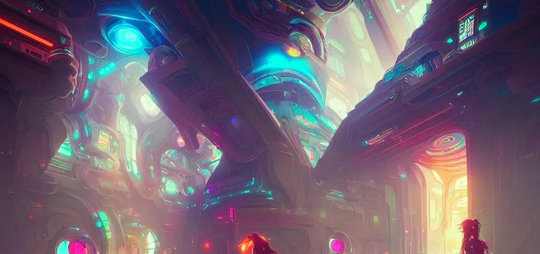 Image similar to a cybernetic temple, vaporwave aesthetic, colorful, psychedelic, digital painting, artstation, concept art, smooth, sharp focus, illustration, art by artgerm and greg rutkowski and alphonse mucha