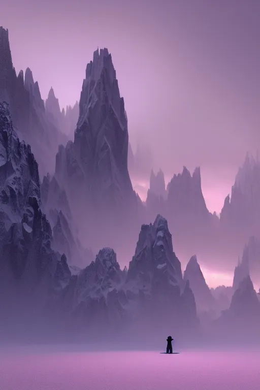 Image similar to futuristic atmosphere in the snowy mountains dolomites 3 d concept art, cinematic lighting, pale pink sunset, rule of thirds, depth of field, intricate details, building by zaha hadid, stormy weather, emissary space by arthur haas and bruce pennington and john schoenherr, cinematic matte painting, dark moody monochrome colors, trending on artstation, featured on behance