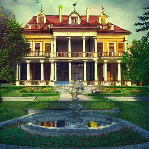 Prompt: a mansion, trending on artstation, vibrant colors, gorgeous, beautiful, magnificent, high quality