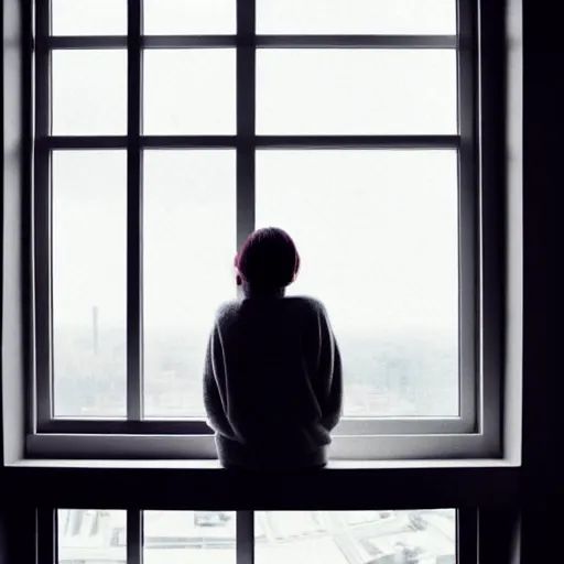 Prompt: a woman sitting on a window sill looking out the window, hands on cheeks, grey sweater, a stock photo by chen jiru, tumblr, aestheticism, movie still, pretty, pixiv