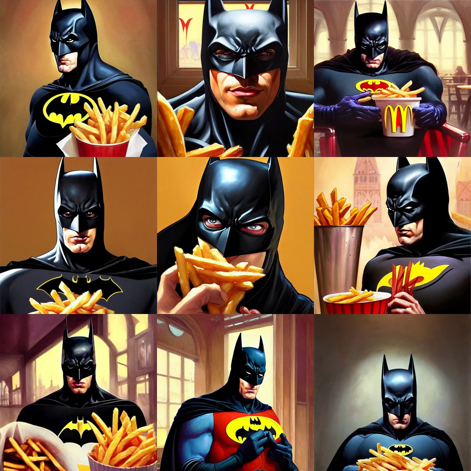 Prompt: beautiful painting of batman in mcdonalds eating french fries, highly detailed, digital painting, artstation, concept art, sharp focus, illustration, art by artgerm and greg rutkowski and alphonse mucha