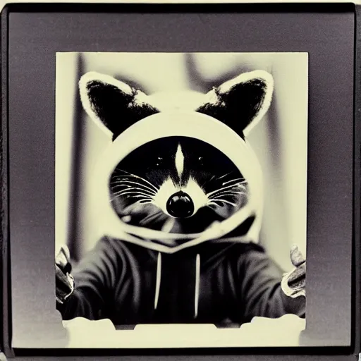 Prompt: close - up, photo of a humanoid raccoon wearing a hoodie, holding a vinyl record, 9 0 - s, polaroid photo, by warhol,