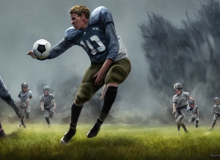 Prompt: big motion picture scenery artwork by robert svebeck, rendering of several young wizards playing in a football on a mystical field, matte painting, trending on artstation and unreal engine