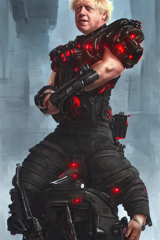 Prompt: Boris Johnson as terminator with red eyes, Boris Johnson hairstyle, full body realistic portrait, highly detailed, muscular body, digital painting, artstation, concept art, smooth, sharp focus, illustration, cinematic lighting, art by artgerm and greg rutkowski and alphonse mucha