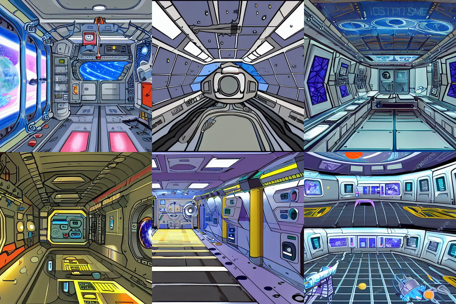 Prompt: inside a space station, from a space themed Serria point and click 2D graphic adventure game, high quality cartoon style graphics