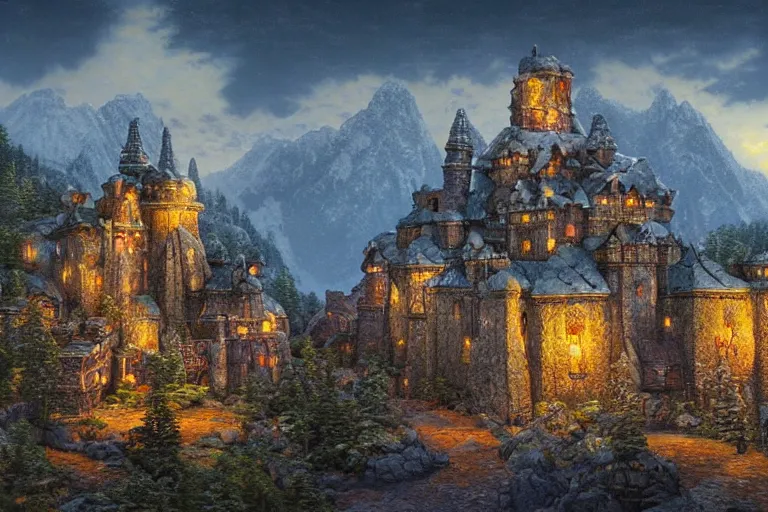 Prompt: monumental Dwarven fortress in the mountains | dwarven architecture | art deco | photorealistic | hyper detailed | volumetric lighting | thomas kinkade