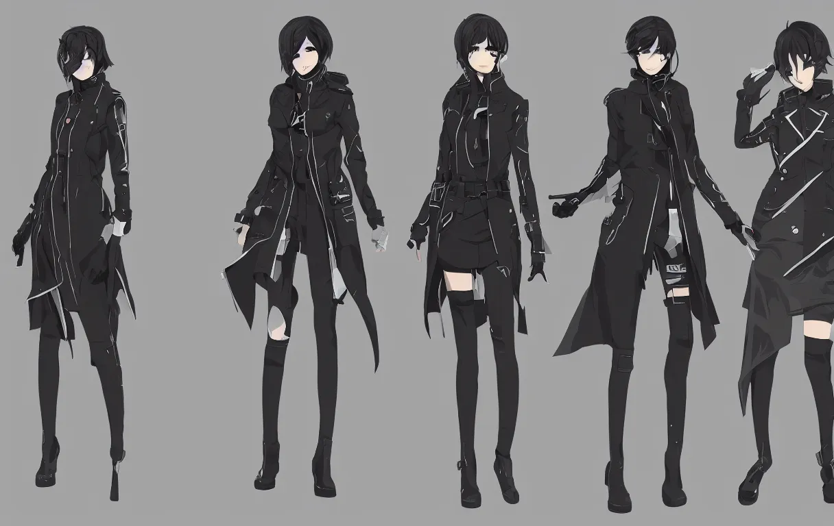 Prompt: a series of character outfit concepts for a beautiful female anime cyberpunk police detective wearing a long heavy trench coat; each design is centred and arranged in a straight line; clear character silhouette, high clarity outfit design; perfect anatomy; layered clothing, techwear; trending on artstation; clear shapes, clean edges, full body