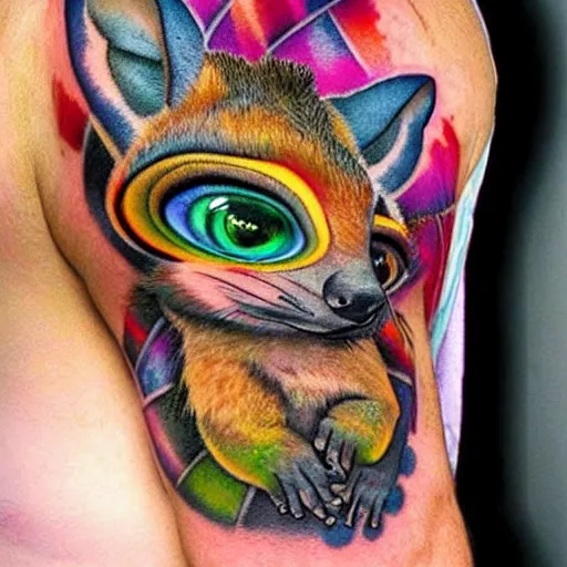 Prompt: shoulder tattoo of a multicolored trippy furry bushbaby with rainbow colored spiral eyes, surrounded with colorful leaves and flowers, insanely integrate