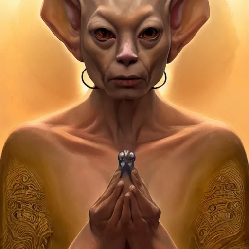 Image similar to godlike sphynx cat, animal sphynx cat, anthropomorphic sphynx cat, deity, holy robes, holy light aura, ultra details, art by artgerm, dwayne barlowe, trending on artstation and greg rutkowski and alphonse mucha, 8 k