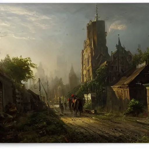 Prompt: post apocalyptic frankfurt city streets, overgrown, landscape, romanticism by andreas achenbach