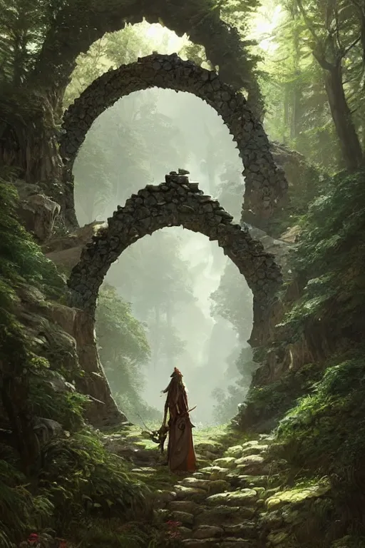 Image similar to big arch made of stones in a forest, d & d, fantasy, intricate, elegant, highly detailed, digital painting, artstation, concept art, matte, sharp focus, illustration, hearthstone, art by artgerm and greg rutkowski and alphonse mucha