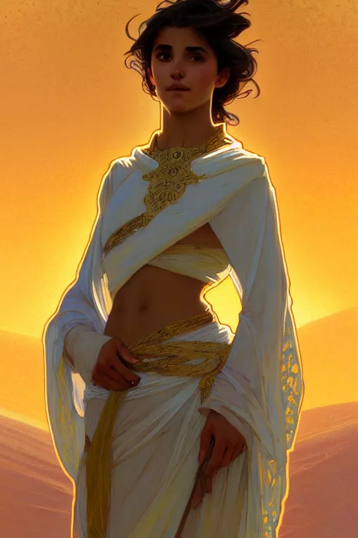 Prompt: full figure arab young girl, luminous scene, by greg rutkowski and alphonse mucha, d & d character, gradient white to gold, in front of a dune desert background, highly detailed portrait, digital painting, artstation, concept art, smooth, sharp focus illustration, artstation hq