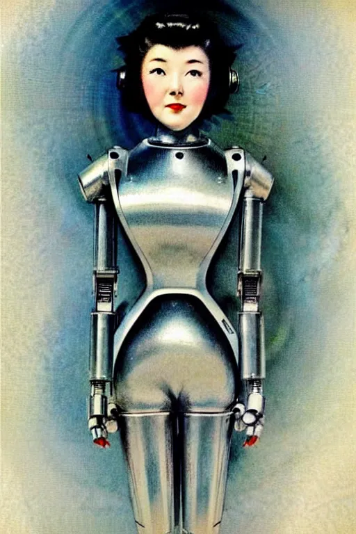 Prompt: ( ( ( ( ( 1 9 5 0 s retro future robot android aluminum woman from japan. muted colors. ) ) ) ) ) by jean - baptiste monge!!!!!!!!!!!!!!!!!!!!!!!!!!!!!!