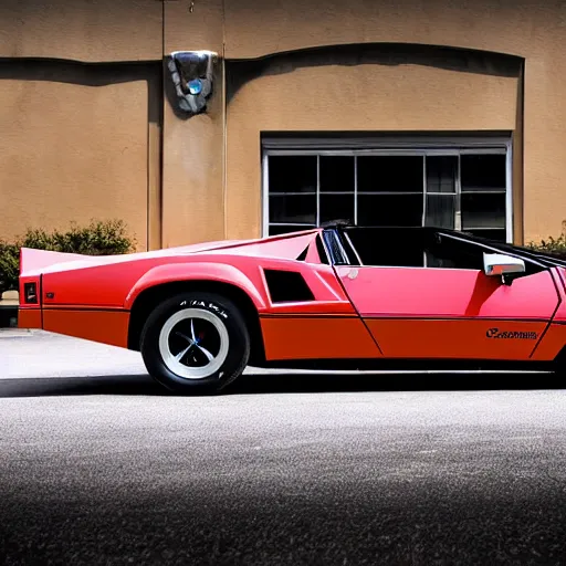 Prompt: a 1 9 8 2 pontiac trans am mixed with a 1 9 8 5 lamborghini countach, photograph, car photography