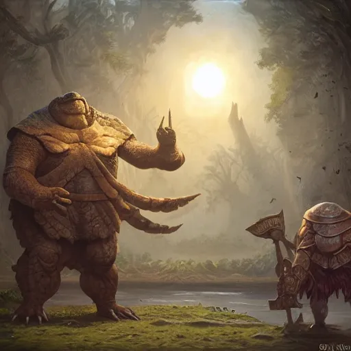 Prompt: anthropomorphic snappingturtle humanoid, big shell, dnd art, greg rutkowski, barbarian, tim hildebrandt, fantasy