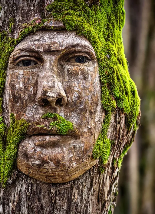 Image similar to photograph of hyperrealistic detailed ancient face in a tree covered with thick bark and moss