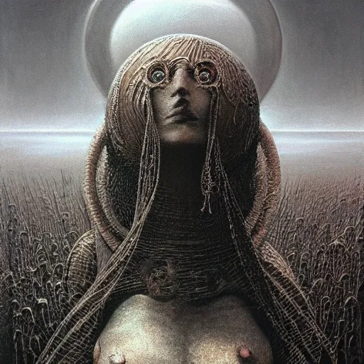 Prompt: The queen of the sun by Zdzislaw Beksinski and H.R. Giger, oil on canvas, 8k highly professionally detailed, trending on artstation