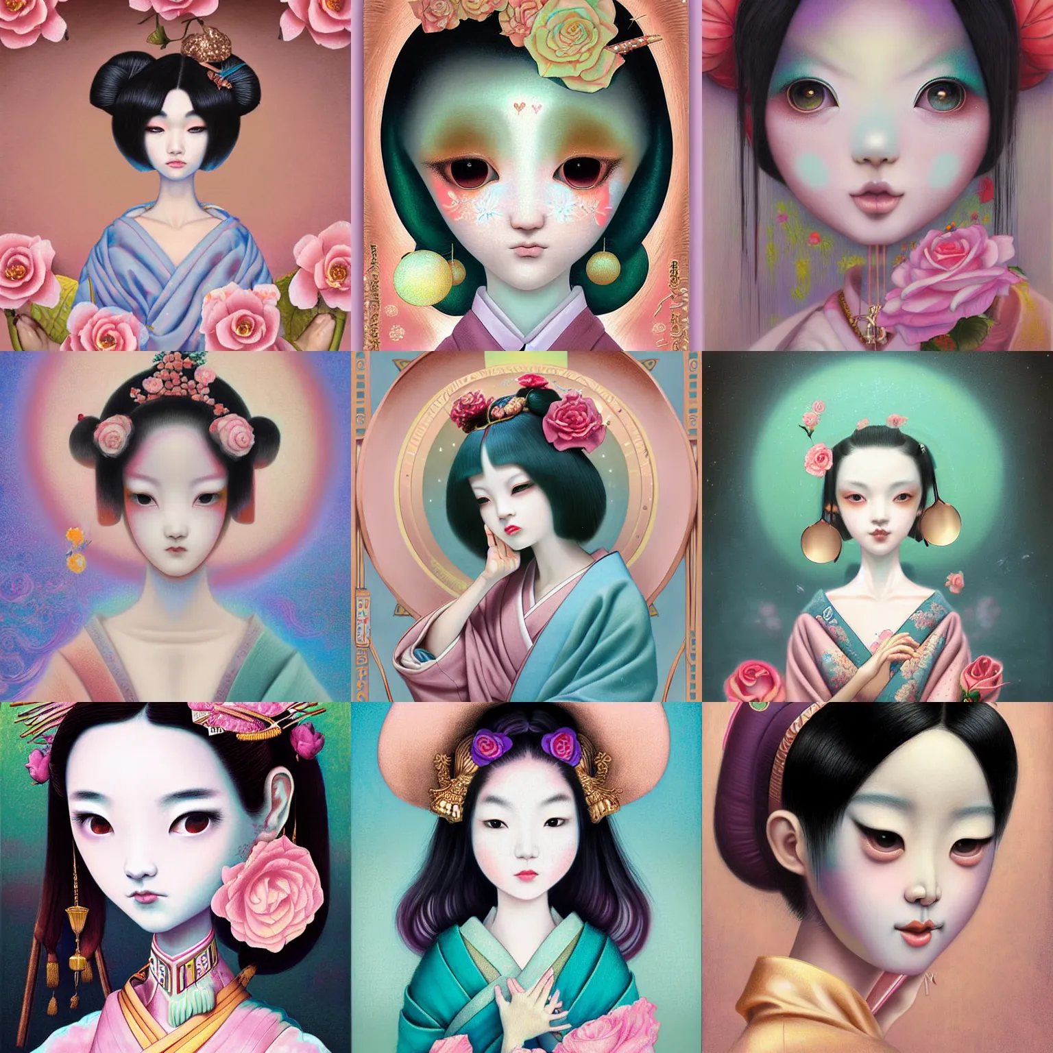 Prompt: a digital painting of a geisha e - girl by amy sol hikari shimoda, mark ryden, in the style of thoth tarot card, pastel colors, rose gold, face symmetry, artgerm