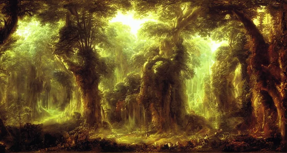 Image similar to Enchanted and magic forest, by John Martin