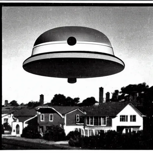 Image similar to flying saucer over suburban houses, grainy 1950s newspaper photo