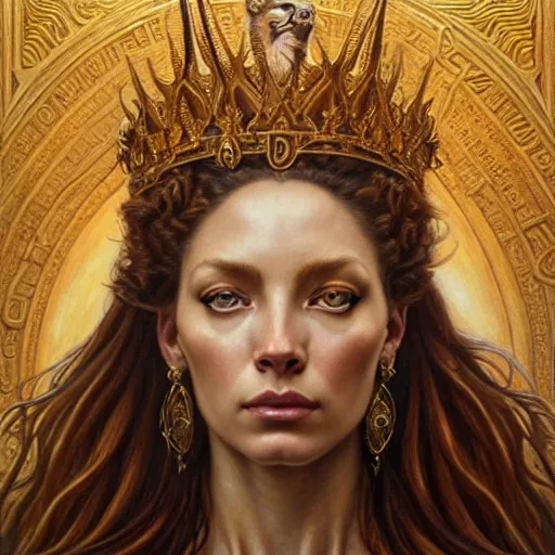 Image similar to highly detailed portrait of a majestic lioness queen in the form of a beautiful woman. d & d. art by donato giancola, eugene delacroix, evelyn de morgan, bastien lecouffe - deharme. trending on artstation, intricate details, energetic composition, golden ratio, concept art, illustration, elegant art, global illuminaition