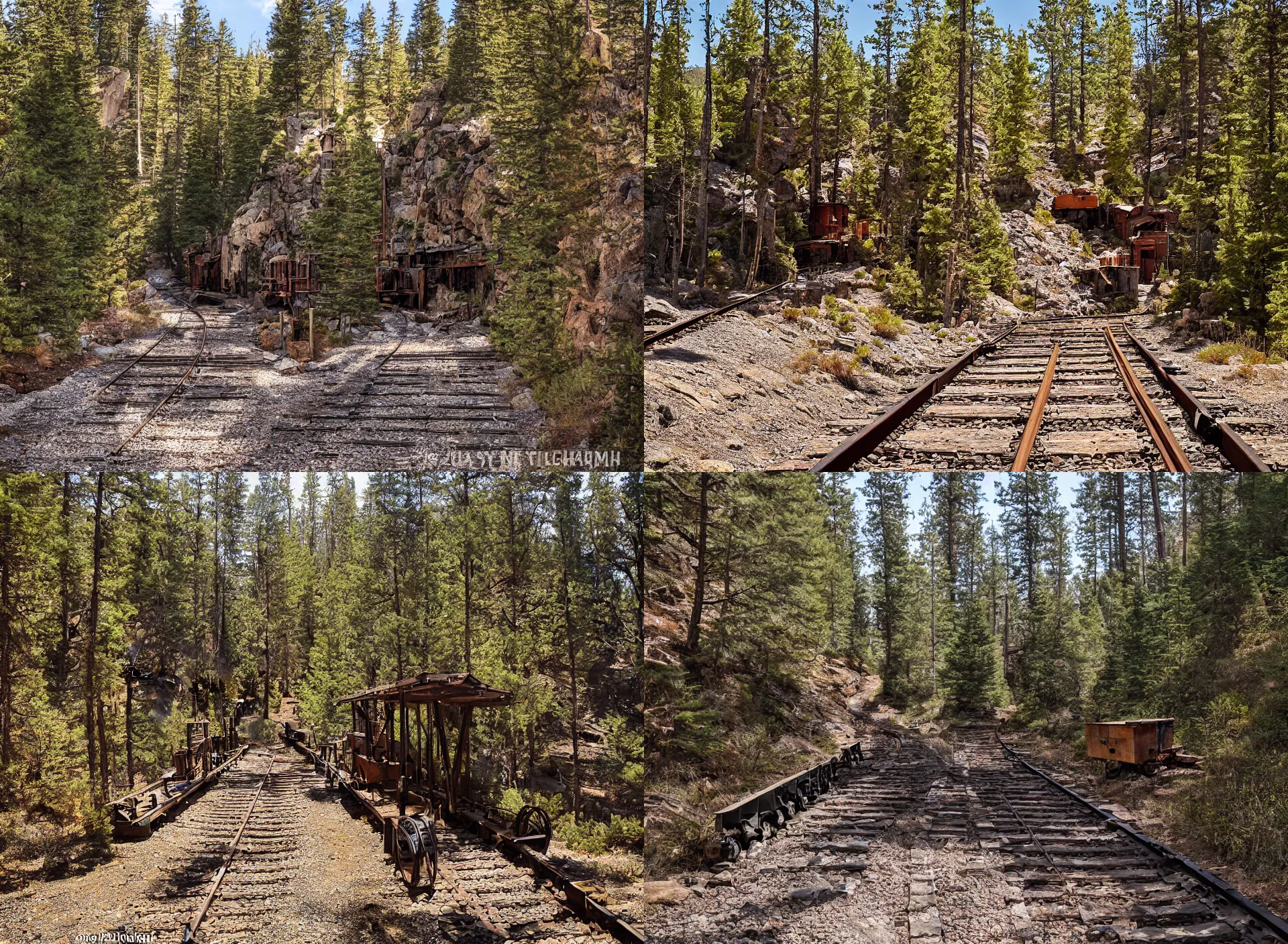 Prompt: entrance to 1900's mine, rail tracks lead from the mine, a mine cart sits on the tracks, mine cart, sheer cliffs surround the scene, high elevation, sparse pine forest long shadows, golden hour, wide angle,