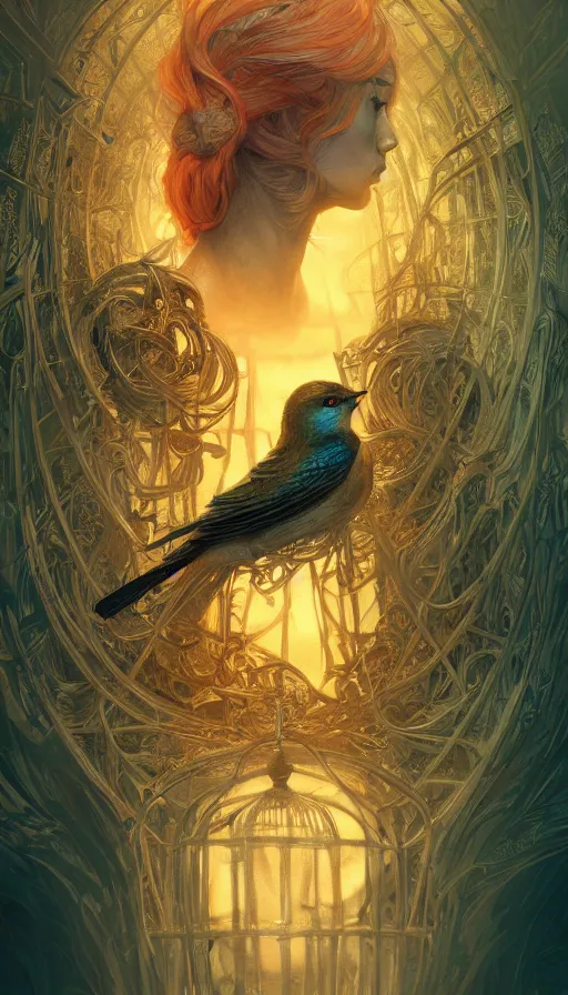 Image similar to bird in a cage, fame of thrones, lord of daggers, neon, fibonacci, sweat drops, insane, intricate, highly detailed, digital painting, artstation, concept art, smooth, sharp focus, illustration, Unreal Engine 5, 8K, art by artgerm and greg rutkowski and alphonse mucha