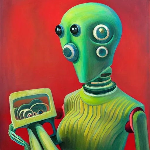 Image similar to biomorphic robot with kind eyes portrait, lowbrow, pj crook, grant wood, edward hopper, oil on canvas