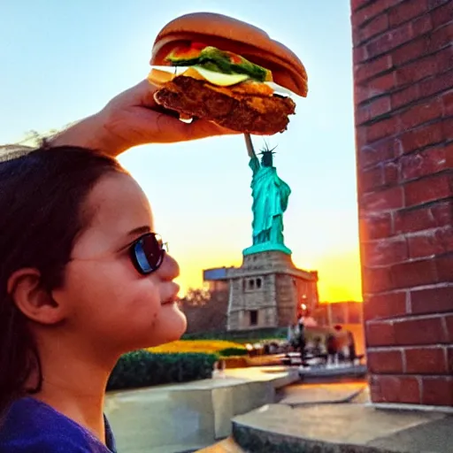 Image similar to statue of liberty eating a cheeseburger, golden hour, award winning photo, low angle