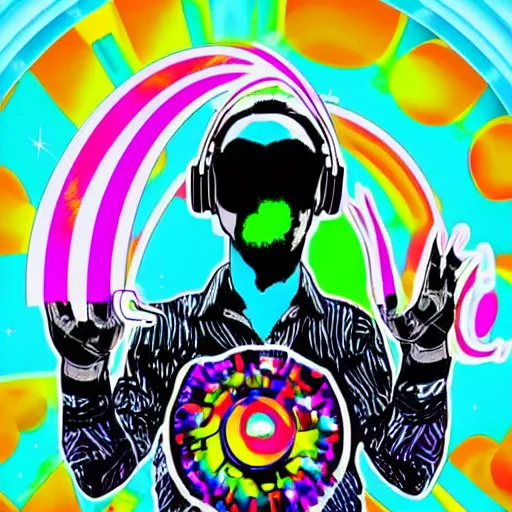 Image similar to svg sticker of a Dancing-Alex-Grey-Psychedelic-Rave-Man, at a rave, spinning records, giant headphones rocking out, wearing headphones, huge speakers, dancing, rave, DJ, spinning records, digital art, amazing composition, rule-of-thirds, award-winning, trending on artstation, featured on deviantart