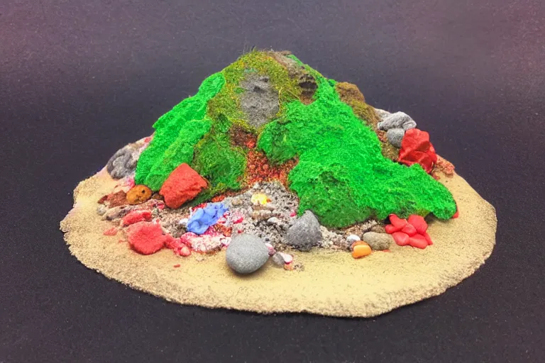 Image similar to miniature volcanic island made of candy, diorama picture, 5 5 mm, candy - island