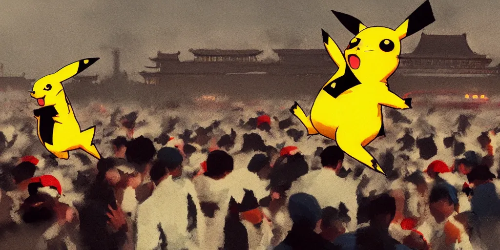 Image similar to Pikachu comes to Tiananmen Square, by phil hale, ashley wood, medium shot, cinematic lighting, high detail