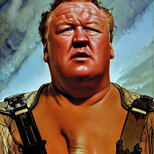 Image similar to dynamic upper body portrait of ray winstone as baron harkonnen in 1982 movie dune, by norman rockwell and boris vallejo