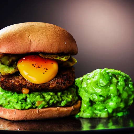 Image similar to juicy vegan hamburger topped with guacamole and fried onion and a vegan fried egg, crispy buns, 8 k resolution, professional food photography, studio lighting, sharp focus, hyper - detailed