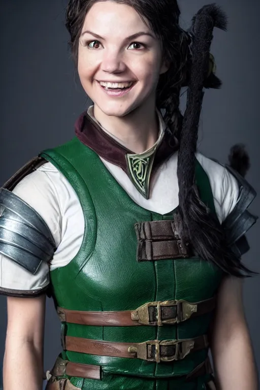 Prompt: fantasy character photo, live action. female ranger. danielle campbell. manic grin, yandere. tall, lanky, athletic, wiry. brown & dark forestgreen leather armor. small tilted lightgreen feathered cap worn at jaunty angle. black hair in ponytail. bright blue eyes. consulting in secret with an unseen, shadowy informant