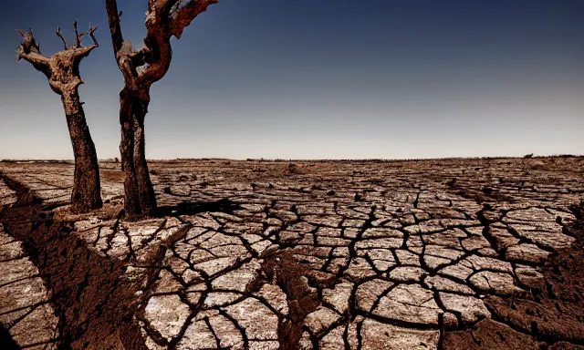 Image similar to medium shot of a nondescript crying ancient dried up Danu, peaceful, facing the camera and standing in front of a dried up river in a desolate land, dead trees, blue sky, hot and sunny, highly-detailed, elegant, dramatic lighting, artstation, 4k, cinematic landscape, photograph by Elisabeth Gadd