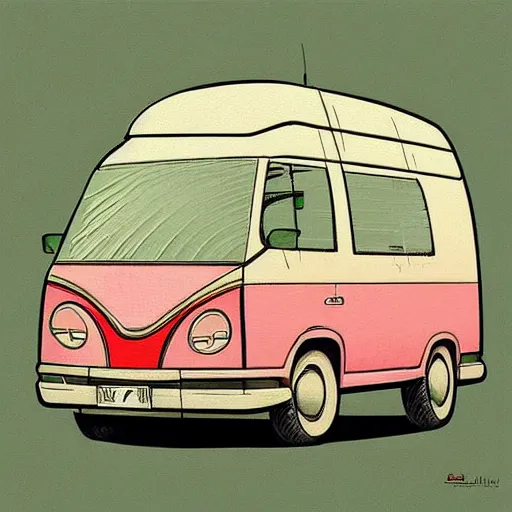 Image similar to retro painting illustration of a volswagen van, 2 d, pastel color, retro style art, trendy on artstation