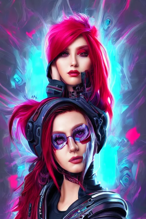 Image similar to beautiful portrait of a cyberpunk woman with red punk hair painted by artgerm and lisa frank, trending on artstation