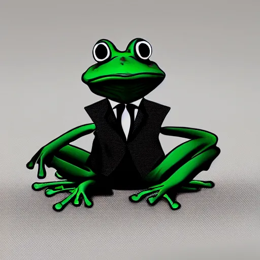 Prompt: frog wearing a black tie suit