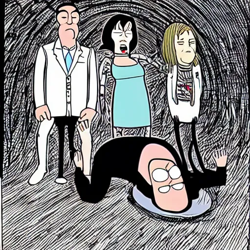 Prompt: family guy death pose, illustration by junji ito