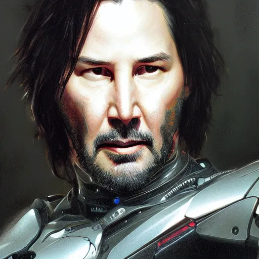 Image similar to full figure ultra realistic illustration, keanu reeves as cyborg, intricate, elegant, highly detailed, digital painting, artstation, concept art, smooth, sharp focus, illustration, art by artgerm and greg rutkowski and alphonse mucha