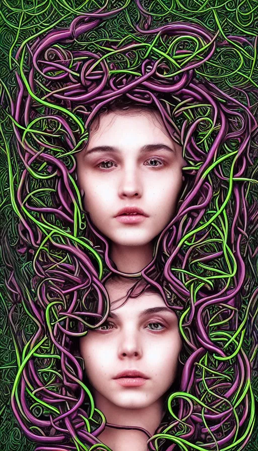 Prompt: very detailed portrait of a 2 0 years old girl surrounded by tentacles, the youg woman visage is blooming from fractal and vines, by steve argyle
