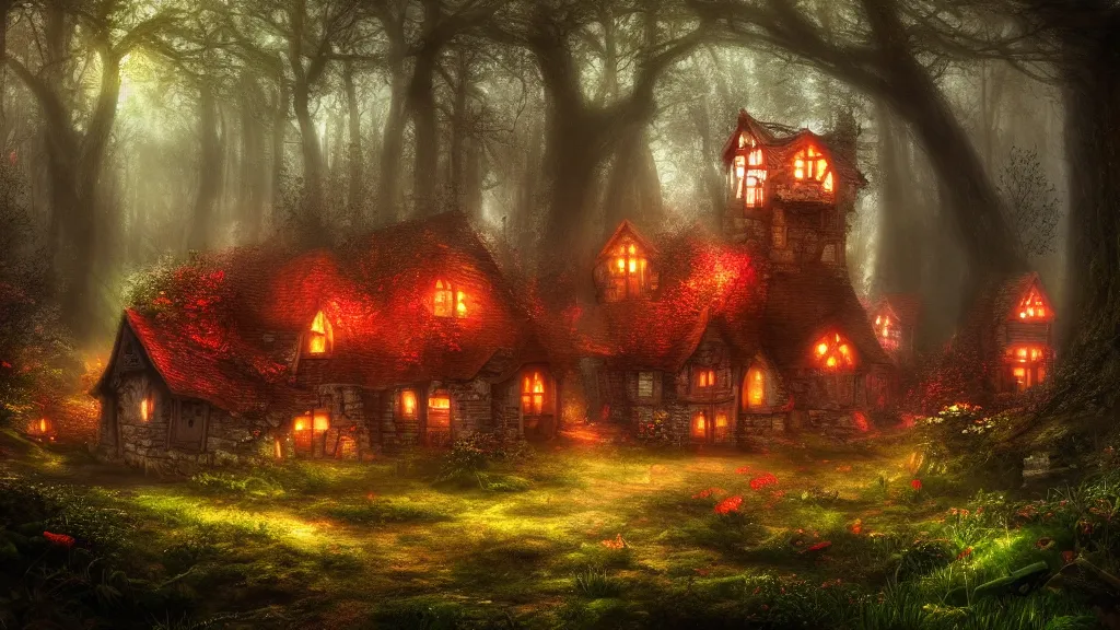 Image similar to fantasy multistorey red toadstool cottage growing in magical forest, foggy atmosphere, volumetric lighting, fantasy artwork, very beautiful scenery, very realistic painting effect, hd, hdr, cinematic 4k wallpaper, 8k, ultra detailed, high resolution