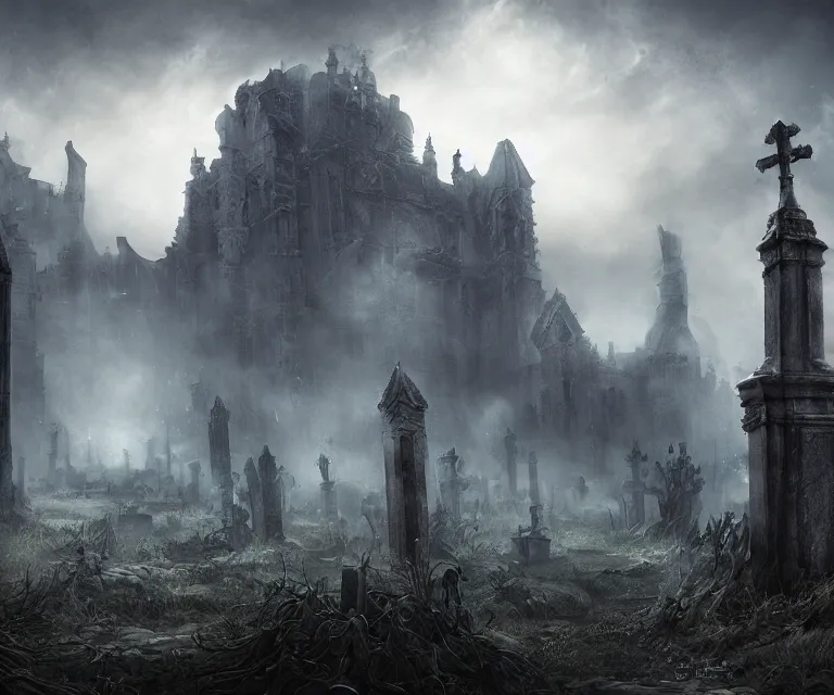 Prompt: a city of tombs and tombstones, graveyard landscape, ghostly spirits, giant grave structures, giant tomb structures, bloodborne, dark fantasy, digital art, fantasy art