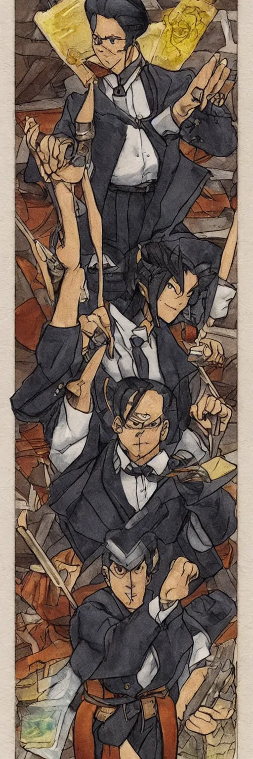 Image similar to the judge from Ace Attorney with a beam scale in one hand. Tarot card Justice, impressive art, detailed, single subject, high quality